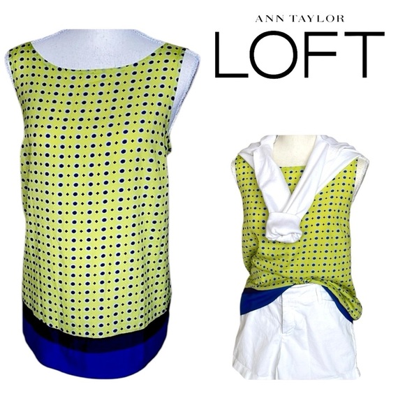 ANN TAYLOR Polka Dot Sleeveless Tank Blouse Tie Neck Yellow Blue Purple Sz M - Picture 1 of 12